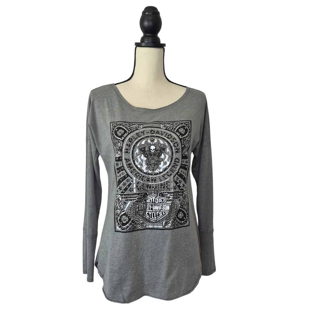 Harley Davidson Womens Long Sleeve Shirt Medium Gray Tunic Erie PA Skull 2014 HD